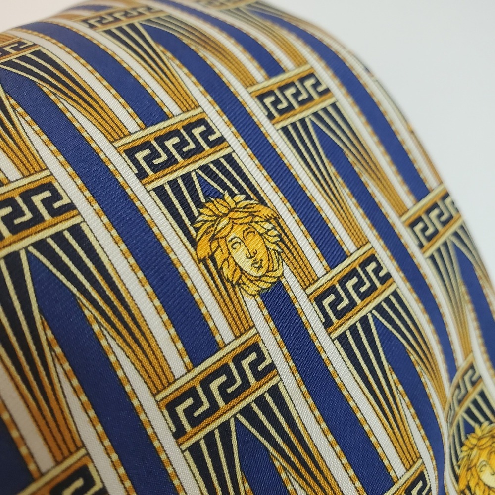 Gianni Versace Mens Silk Tie Blue Gold Medusa Head Greca Geometric Made in Italy